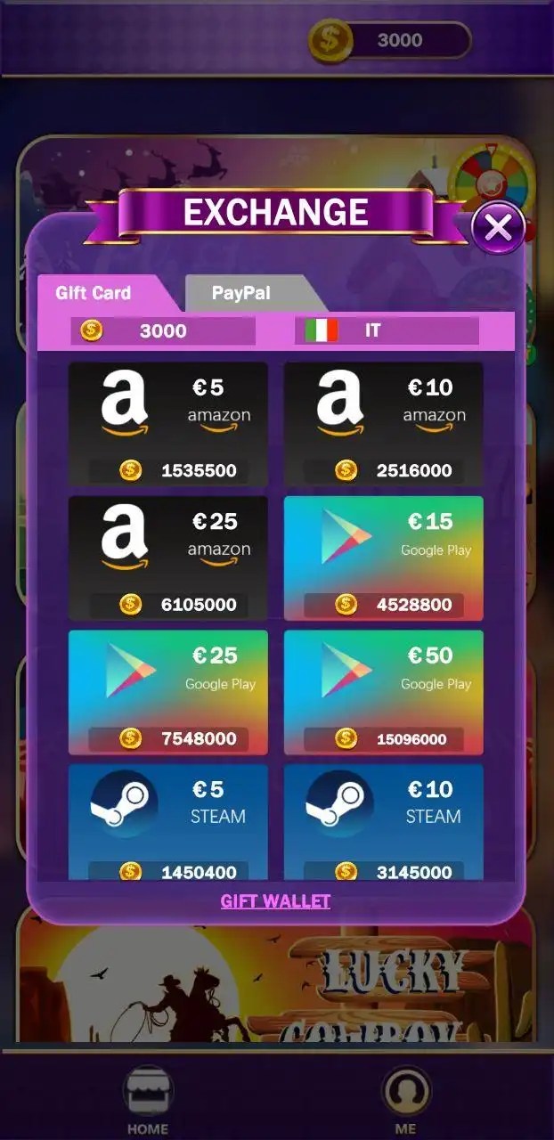 Schermata di prelievo dove ti permette di convertire le monete in buoni amazon google play e steam oltre ai soldi su paypal