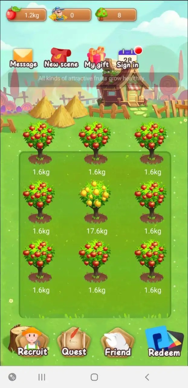 Schermata principale del gioco dove raccogli le mele e vieni pagato