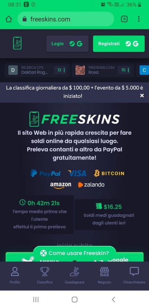 Schermata esempio guadagni